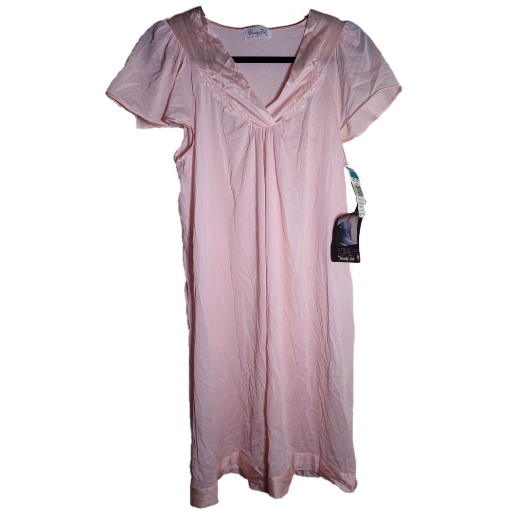 Vanity Fair Vintage Pink Nylon Nightgown Short Sleeve Lace Trim S 30127